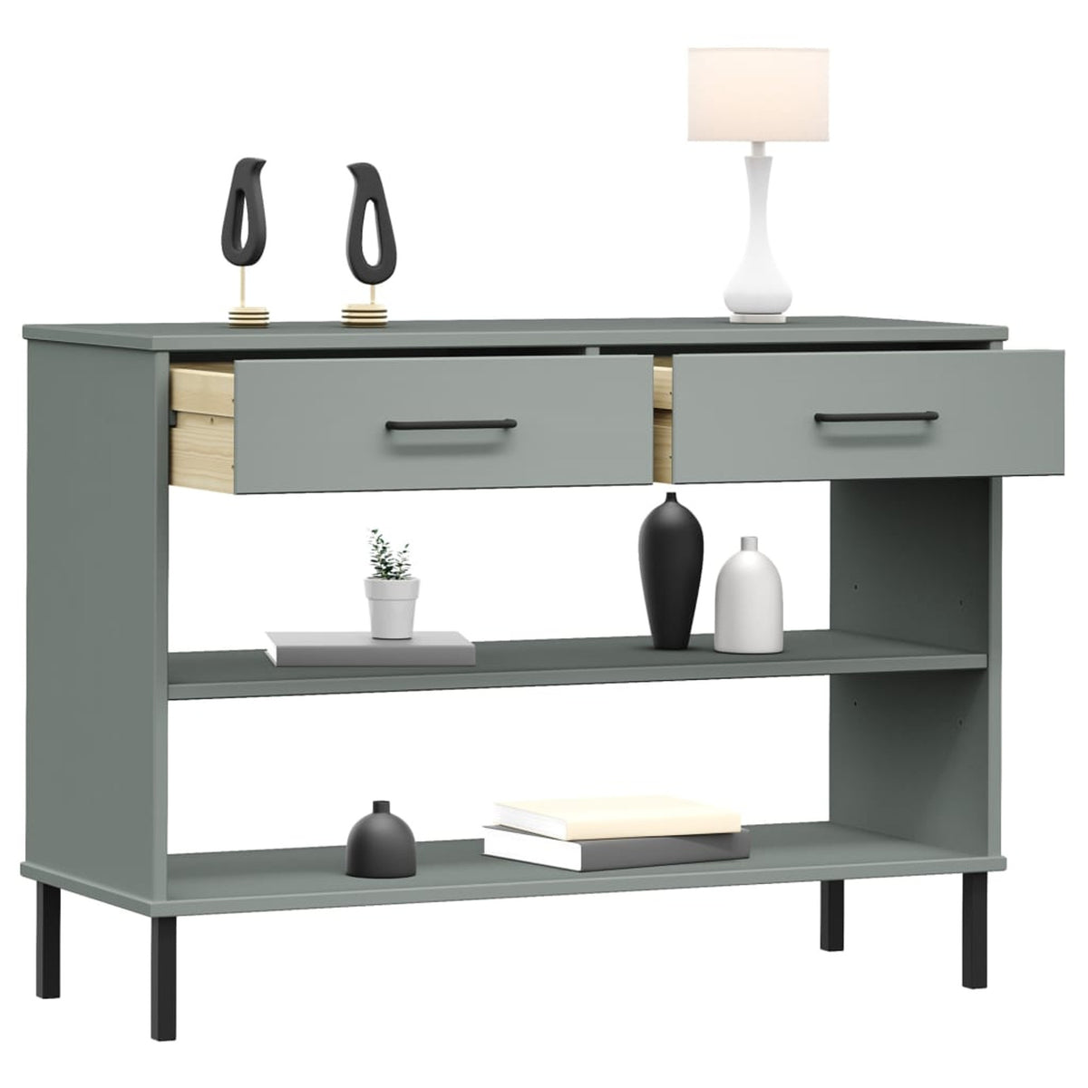 Gray Solid Wood Pine Console Cabinet with Metal Legs H7852