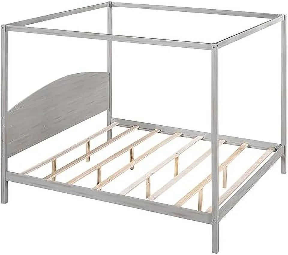 White Queen Size 4-Poster Wood Canopy Bed Frame with Headboard M7837