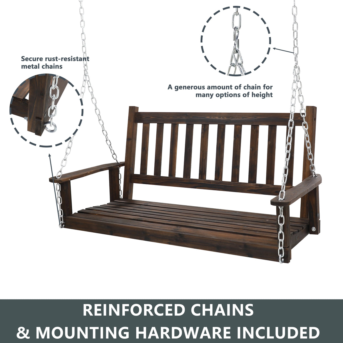 Wooden Porch Swing 4ft with Chains 2-person Swing Bench N47805