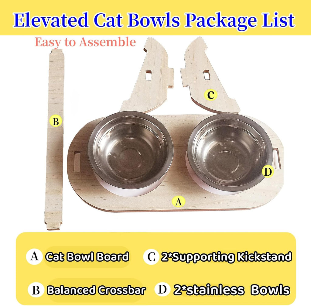 15° Tilted Raised Stainless Steel Cat Bowls with Wood Stand T627