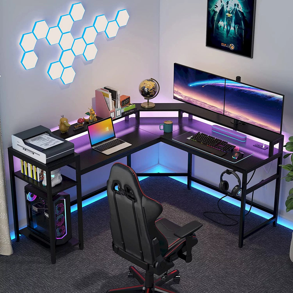 Black L-Shaped Gaming Desk with LED Strips U67622