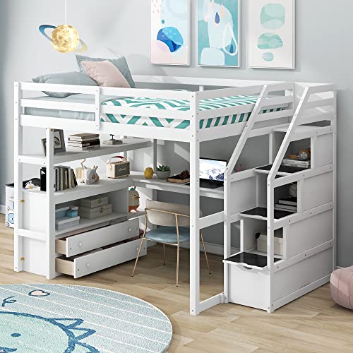 White Solid Wood Twin Loft Bed with Stairs and Desk P9140