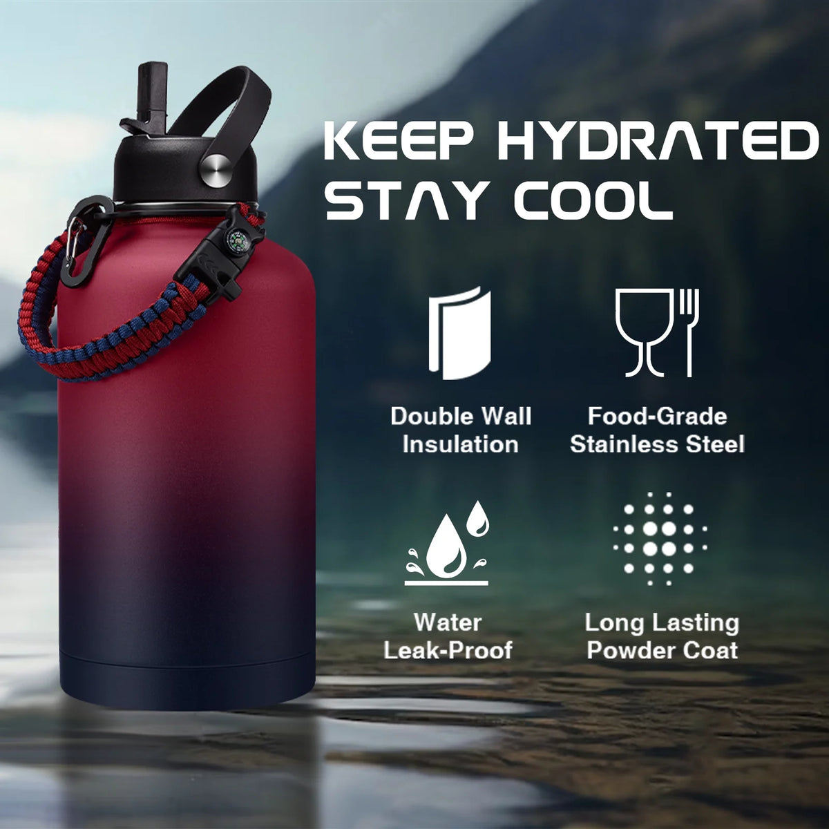 64OZ Insulated Water Bottle with Straw & Spout Lid I118
