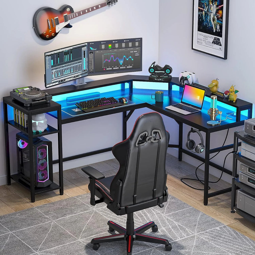 Black L-Shaped Gaming Desk with LED Strips U67622