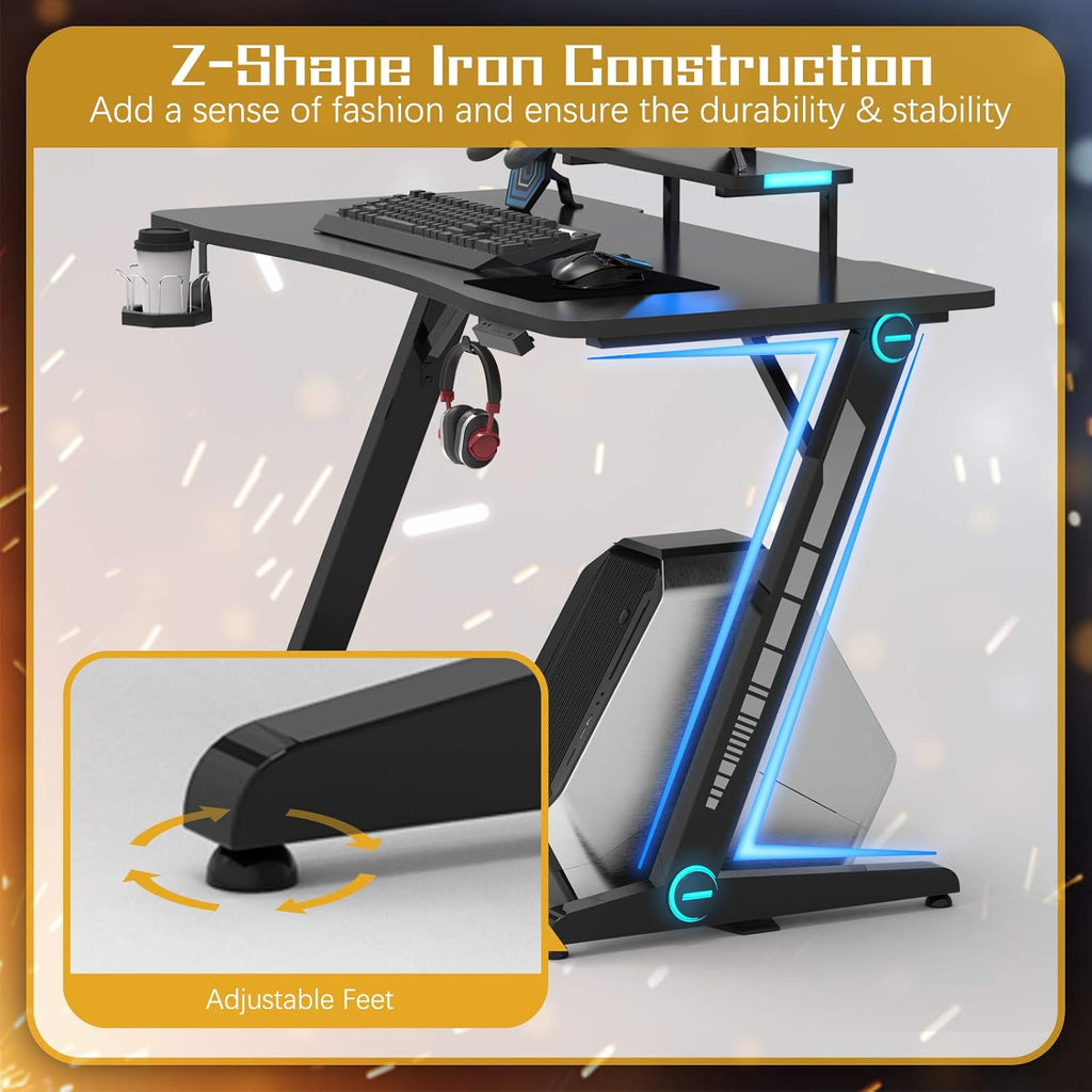 Z-Shaped Gaming Desk with Monitor Stand & Carbon Fiber Surface D1306