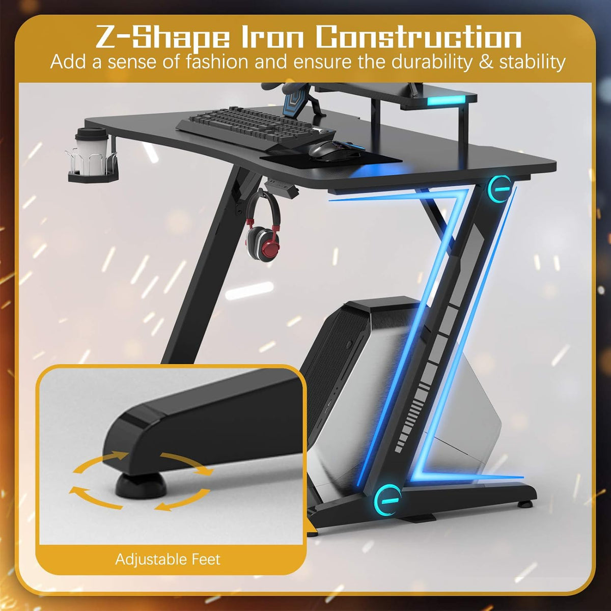 Z-Shaped Gaming Desk with Monitor Stand & Carbon Fiber Surface D1306