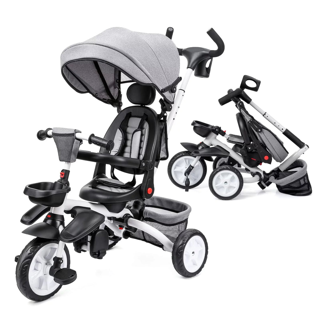 Folding Toddler Tricycle with Adjustable Push Handle, Harness, Canopy and Storage J804741