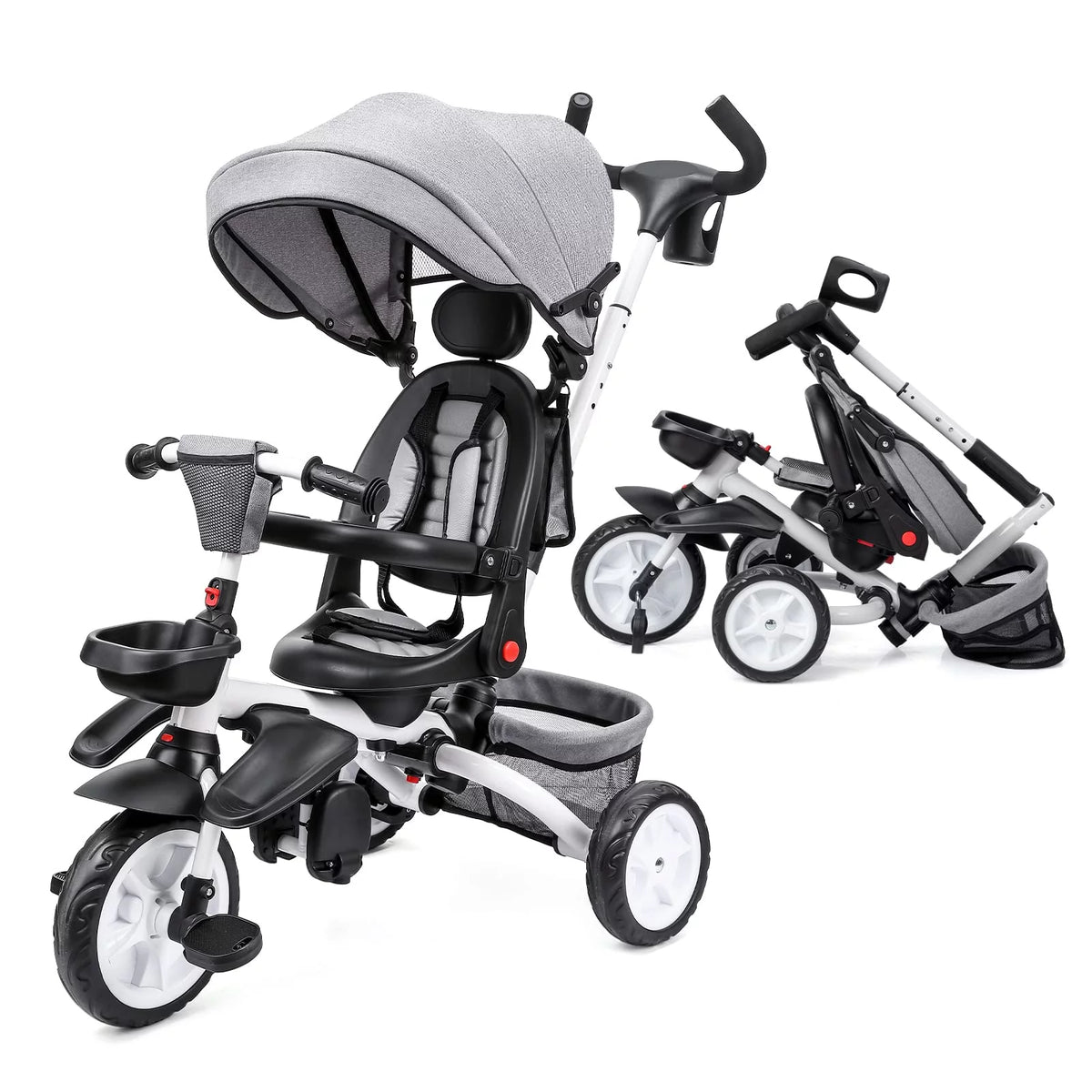 Folding Toddler Tricycle with Adjustable Push Handle, Harness, Canopy and Storage J804741