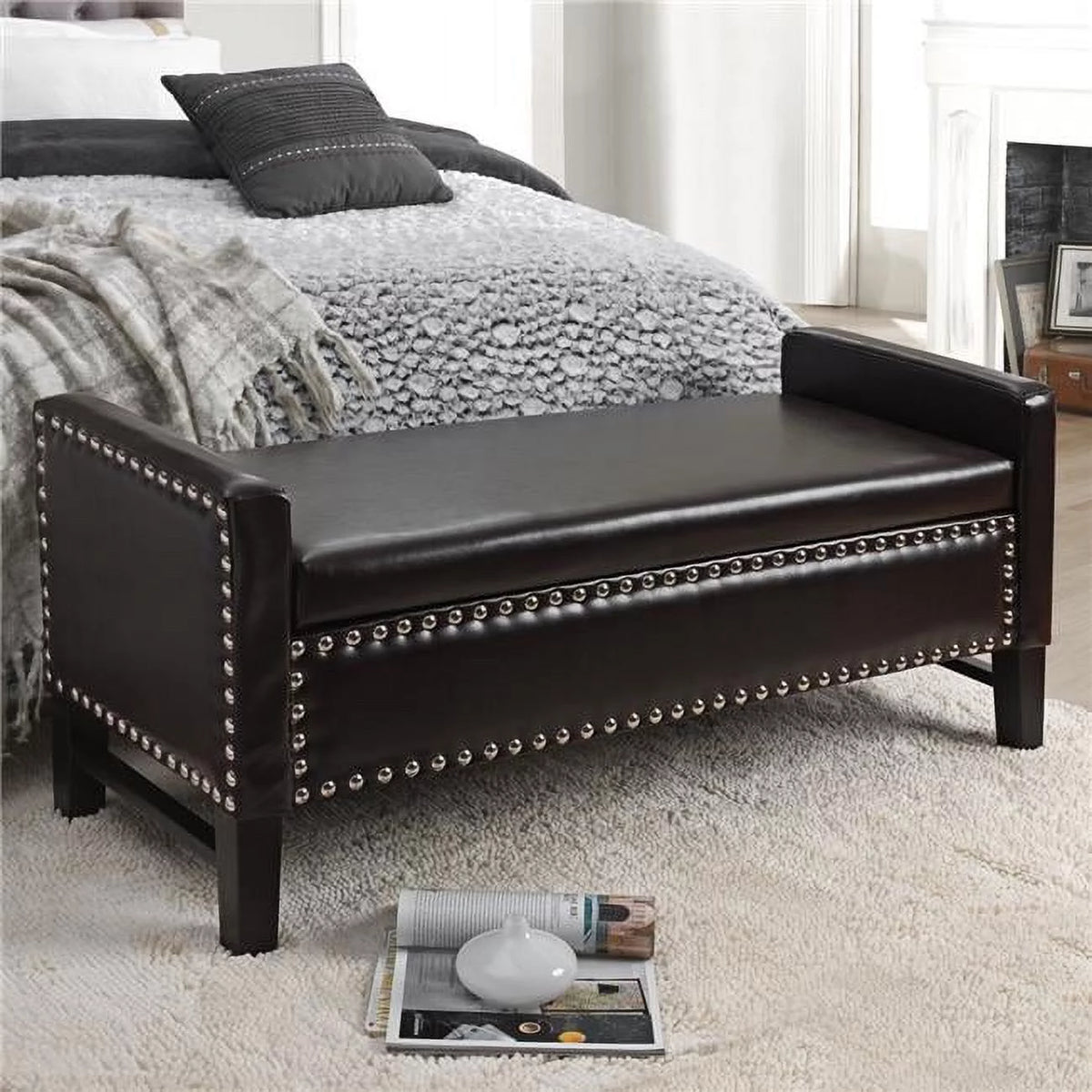 Espresso Faux Leather Storage Bench with Nailhead Trim T9561