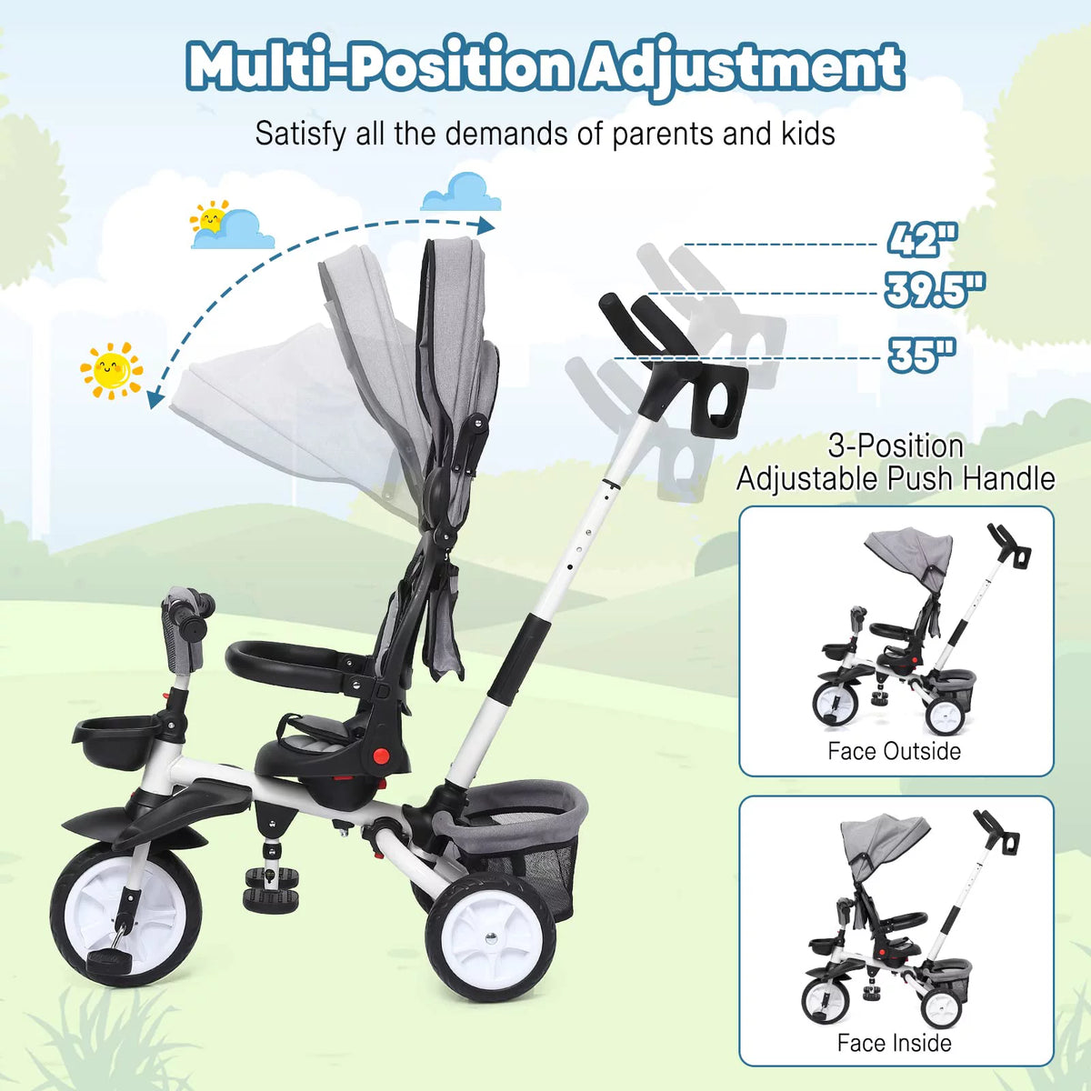 Folding Toddler Tricycle with Adjustable Push Handle, Harness, Canopy and Storage J804741