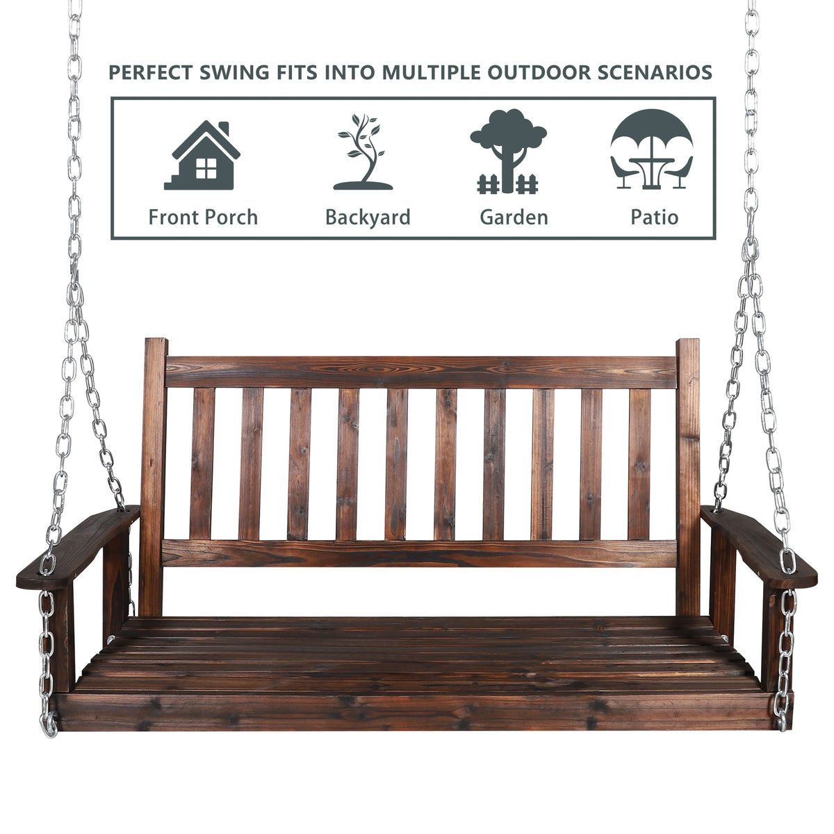 Wooden Porch Swing 4ft with Chains 2-person Swing Bench N47805