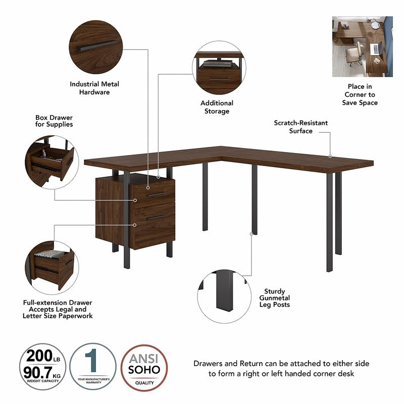 60W L Shaped Desk with Lateral File Cabinet X621033