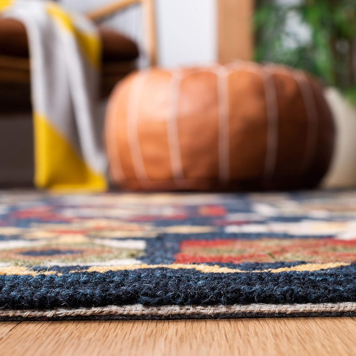 6' Square Navy Red Handmade Traditional Wool Area Rug C903942