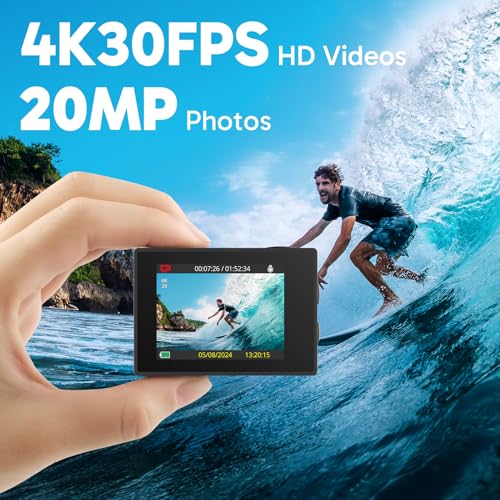 4K30FPS 20MP WiFi Action Camera with EIS 131FT Waterproof Black F745