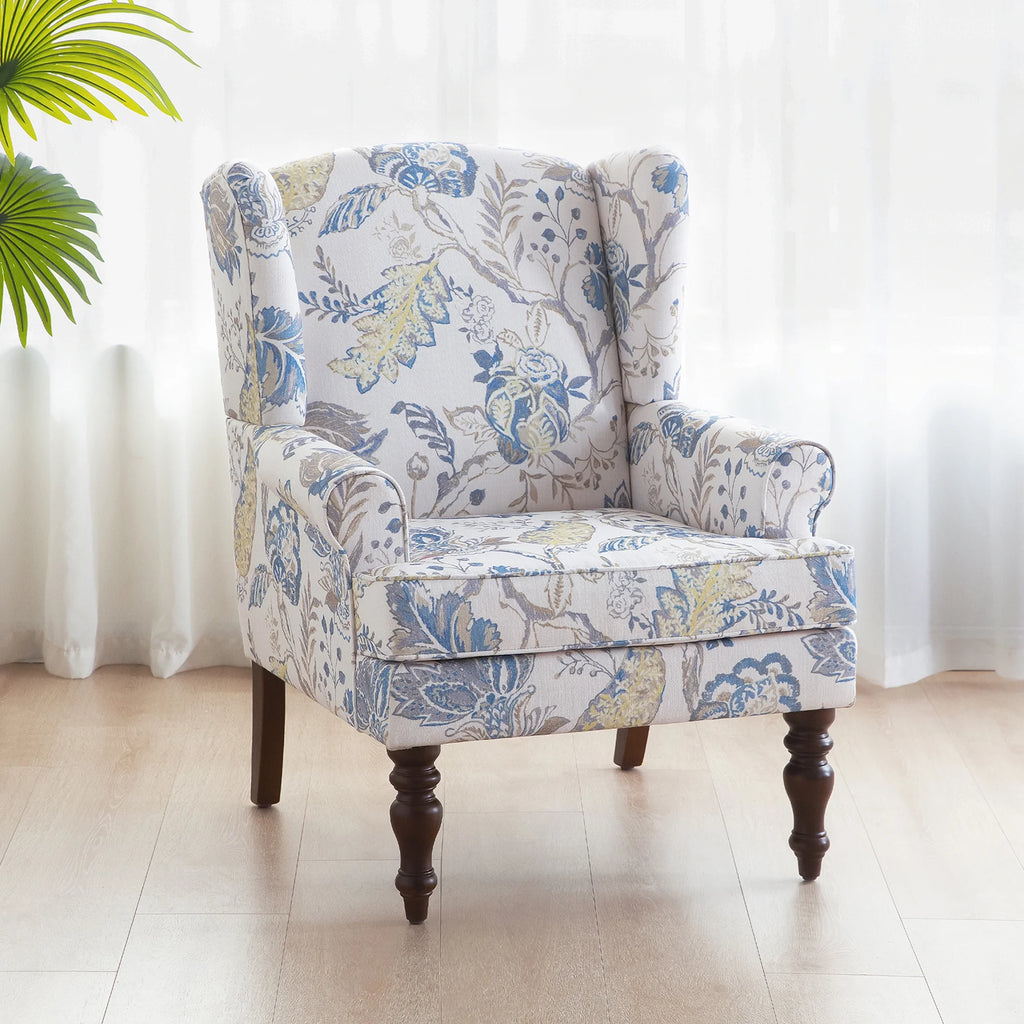 Blue Floral Print Upholstered Wingback Accent Chair with Solid Wood Legs K503455