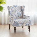 Blue Floral Print Upholstered Wingback Accent Chair with Solid Wood Legs K503455