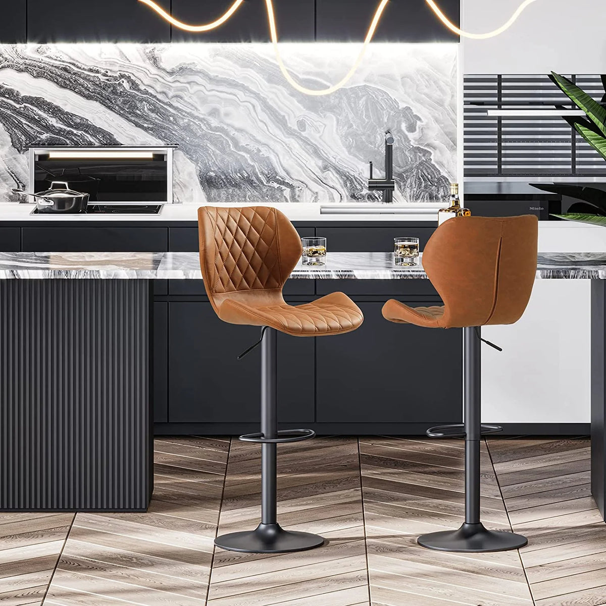 Set of 2 PU Leather Bar Stools Height Adjustable Bar Chairs Brown K8591