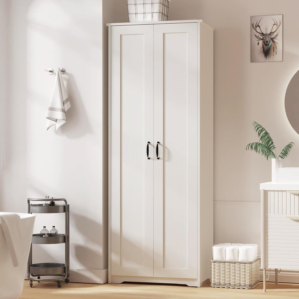 White Tall Storage Pantry Cabinet with 2 Doors and 6 Adjustable Shelves Y33415