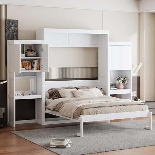 Queen Size Wood Murphy Bed with Desk and Storage E4329
