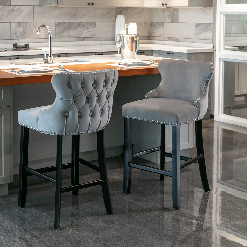 Set of 6 Grey Velvet Upholstered Bar Stools B24607
