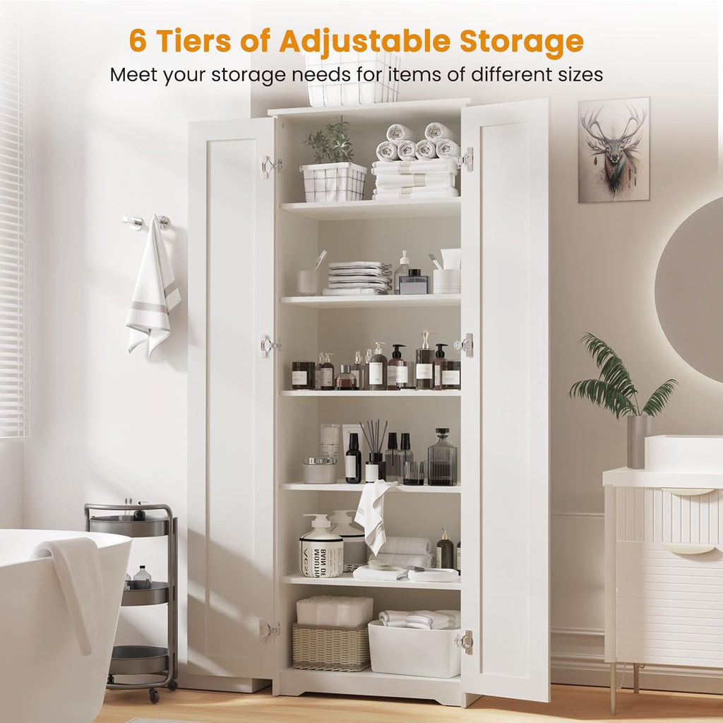 White Tall Storage Pantry Cabinet with 2 Doors and 6 Adjustable Shelves Y33415