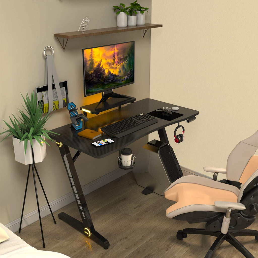 Z-Shaped Gaming Desk with Monitor Stand & Carbon Fiber Surface D1306