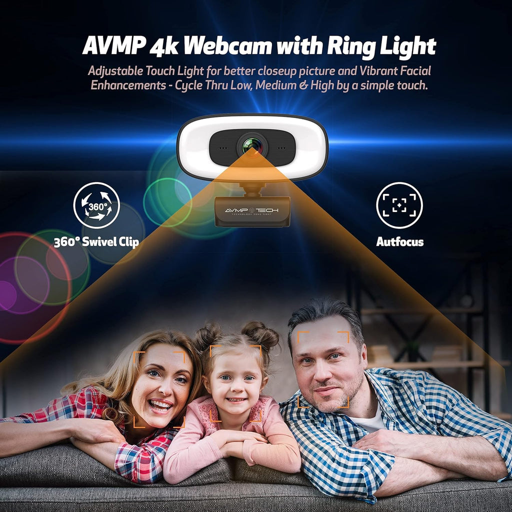 4K Webcam with Light Ultra HD 8MP Autofocus USB Web Cam with Microphone for Desktop Computer PC Streaming Camera + Tripod + USBC + Privacy Cover Pack of 2 L86674