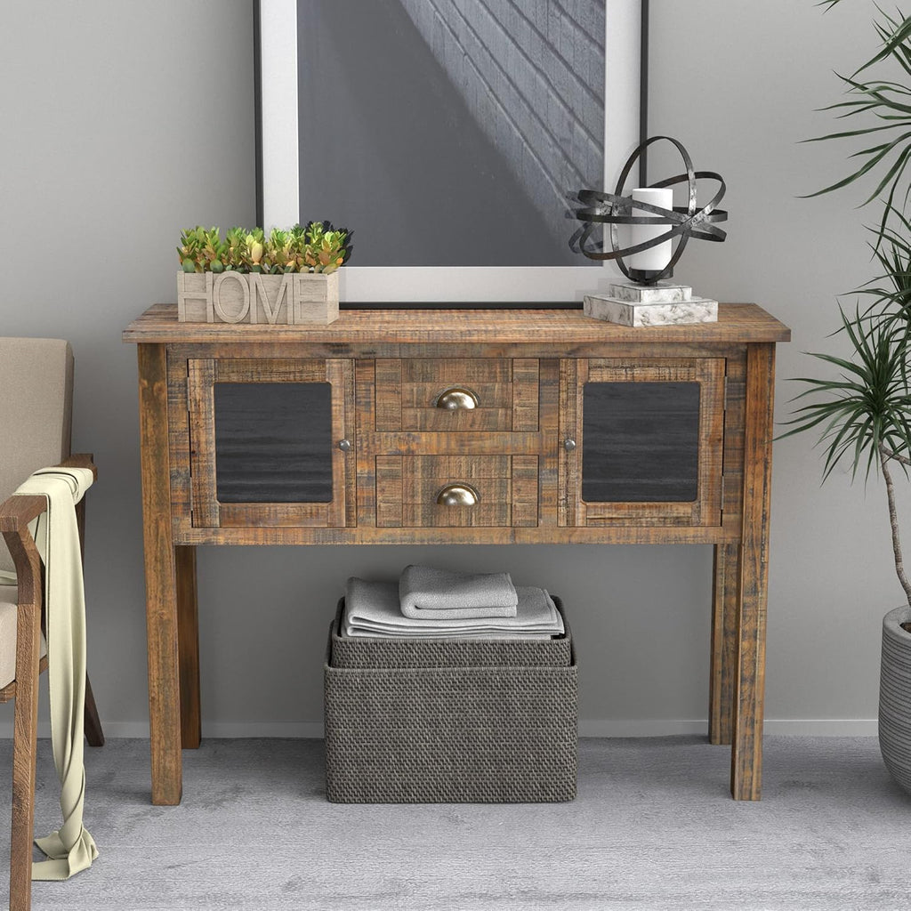 Industrial Farmhouse Console Table with Deep Drawers and Glass Panel Cabinet N858