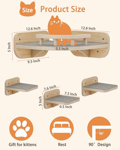 Cat Wall Furniture Corner Climbing Shelf Perches, Cat Bed Wall Mounted with 3 Wide Steps, Wood Color H78663