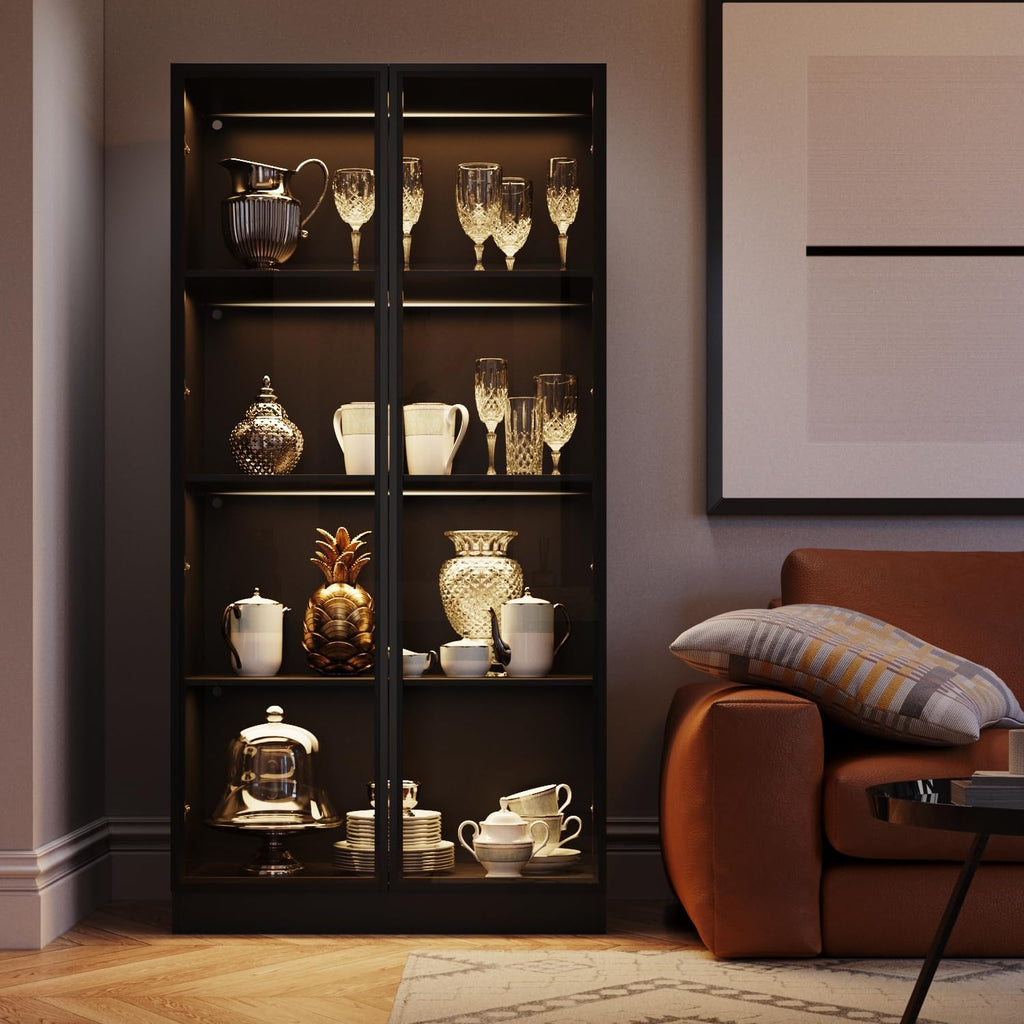 Black 4-Tier Display Cabinet with Glass Doors & Lights E73526