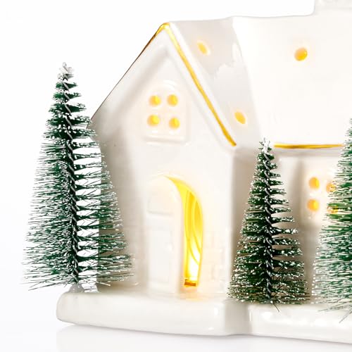 Set of 3 Light Up Ceramic Christmas Village House Figurines O1916