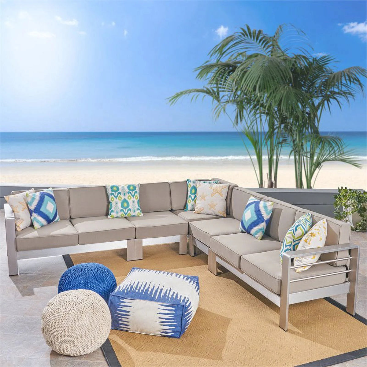 7-Seater Aluminum Sectional Sofa Set Silver/Khaki W742