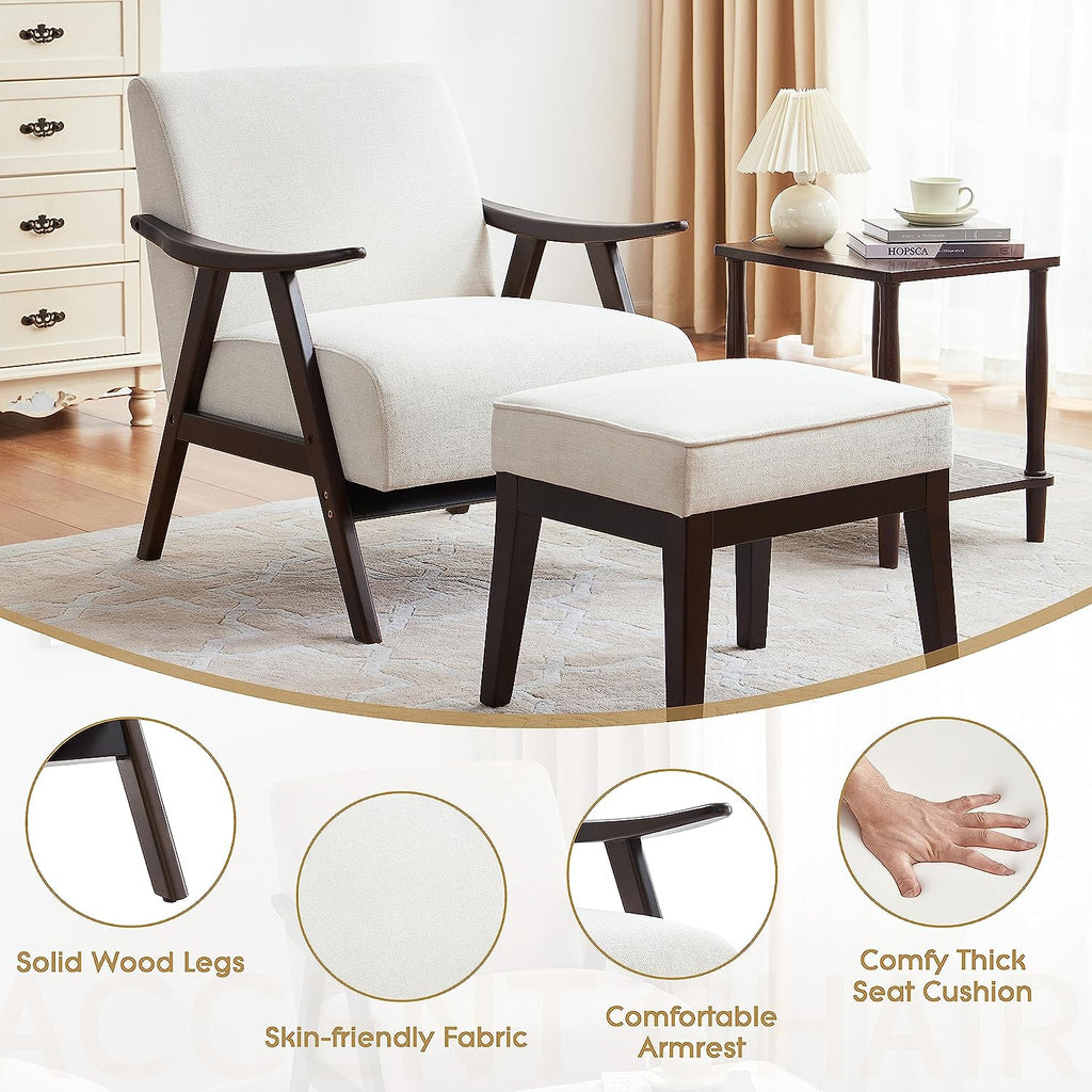 Beige Upholstered Accent Chair with Ottoman and Solid Wood Frame C6776