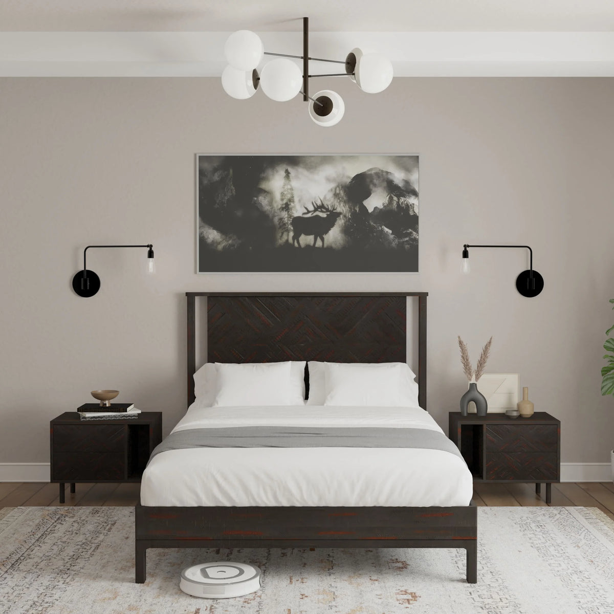 Queen Platform Bed Frame with Headboard Solid Wood Black T7199