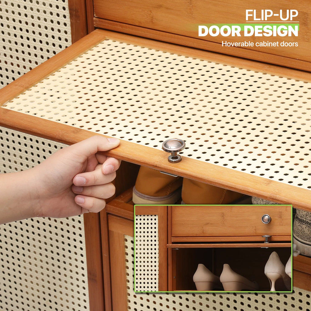 Bamboo 28 Pairs 6 Shelves Shoe Storage Cabinet with 4 Rattan Doors Z13767