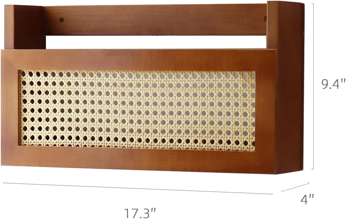 Wall Wood Magazine Rack with PE Rattan Grid, Size 17.3" x 4" x 9.4", Brown R3801