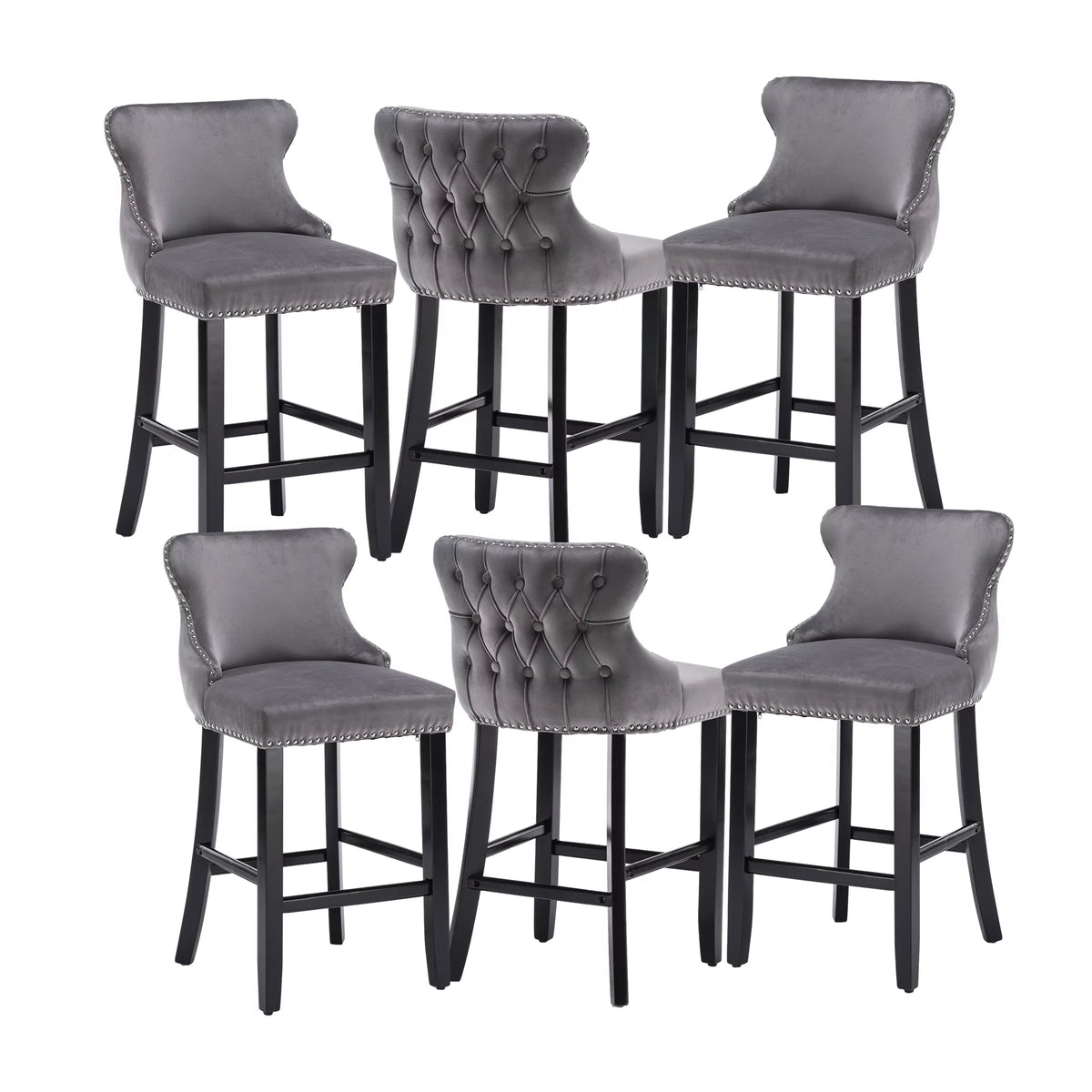 Set of 6 Grey Velvet Upholstered Bar Stools B24607