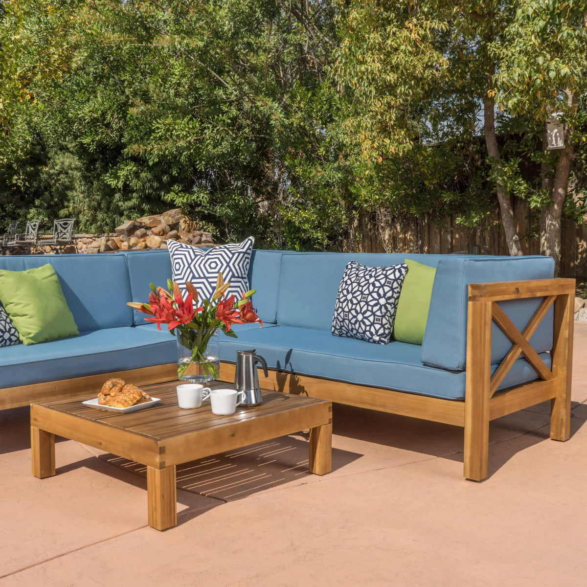 4 Piece Acacia Wood Sectional Sofa and Coffee Table Set U181