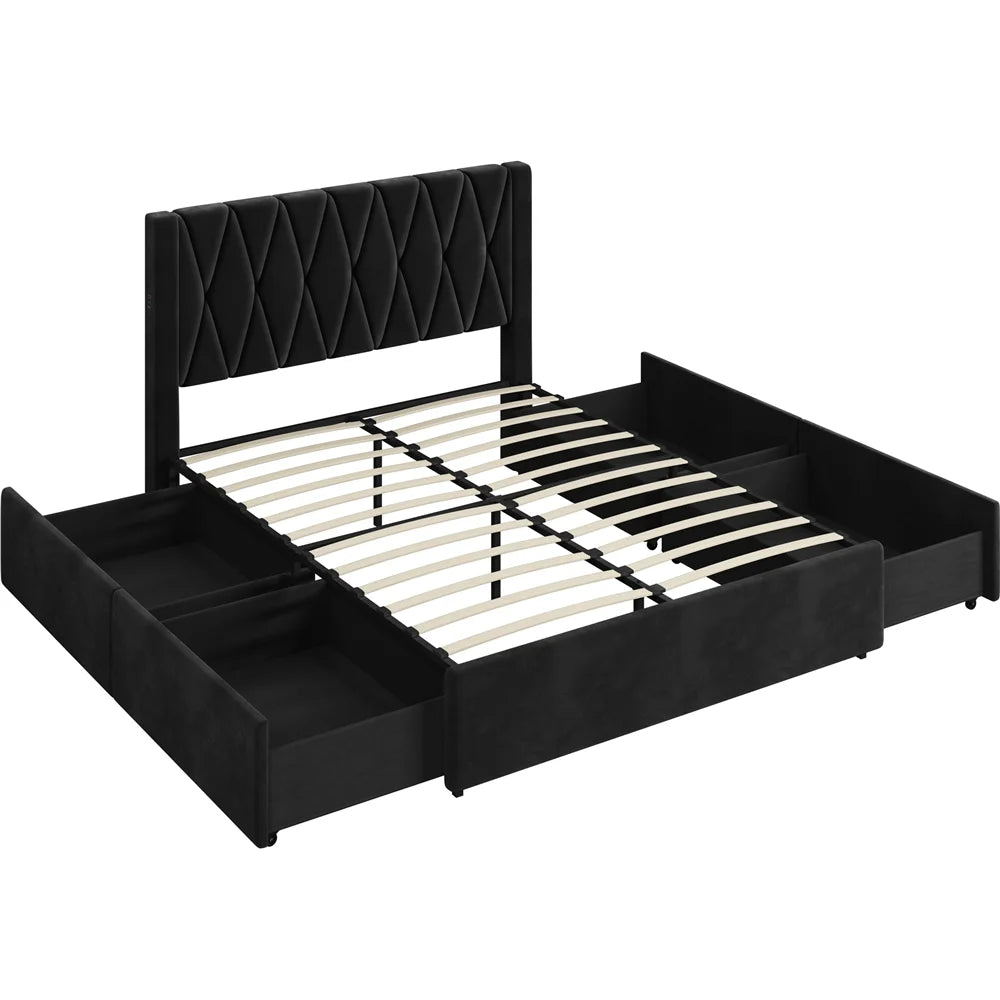 Black Full Upholstered Bed with 4 Storage Drawers H9356