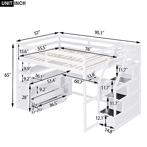 White Solid Wood Twin Loft Bed with Stairs and Desk P9140