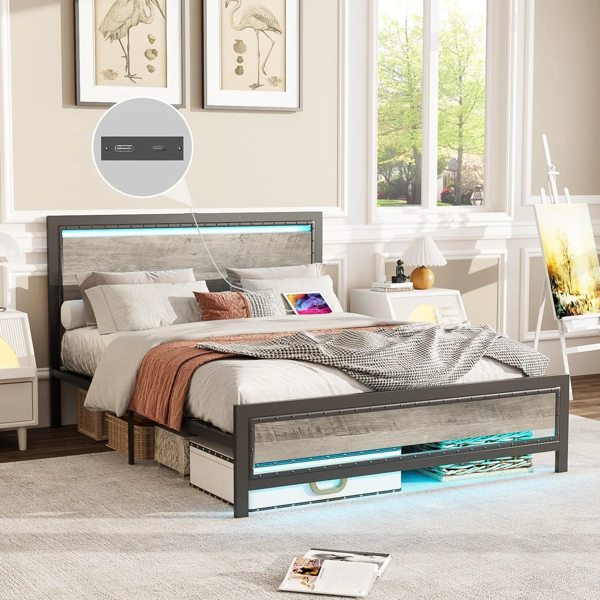 Queen Size Metal Bed Frame with Charging Station and LED Lights X124584