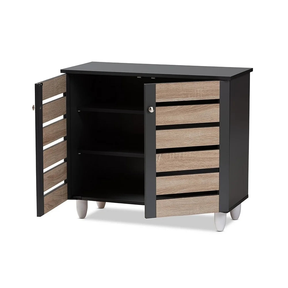 Oak and Dark Gray 2-Door Shoe Storage Cabinet V547