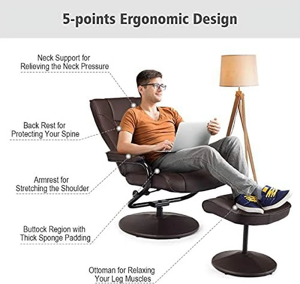 Brown PU Leather Swivel Recliner Chair with Footrest Ottoman Set T252231
