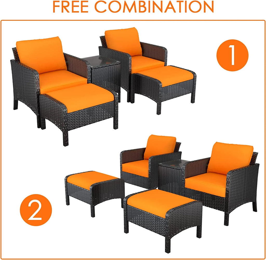 5 Pieces PE Rattan Wicker Outdoor Cushioned Lounge Chairs Set with Ottomans and Glass Table R984