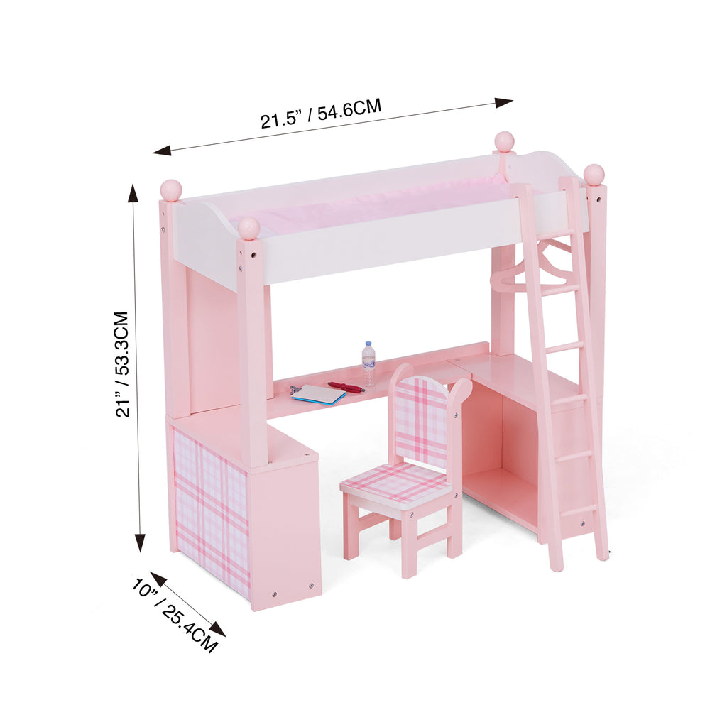 Pink Loft Bed, Desk, Chair, & Accessories for 18" Dolls O646