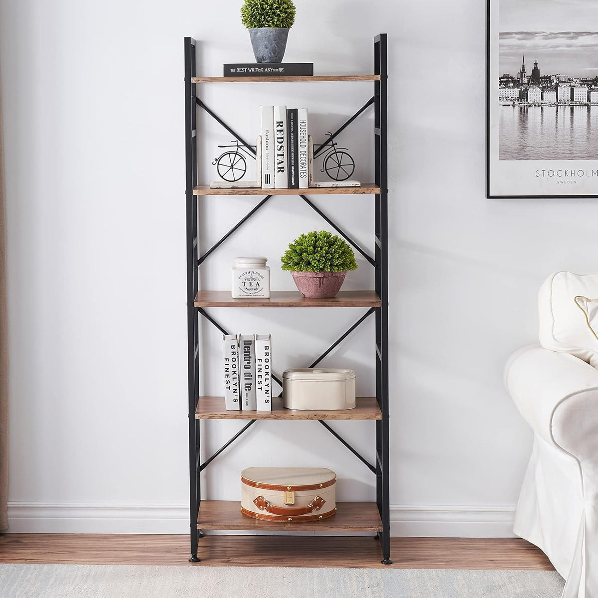 Industrial 5 Tier Wood Bookshelf with Metal Frame V6393