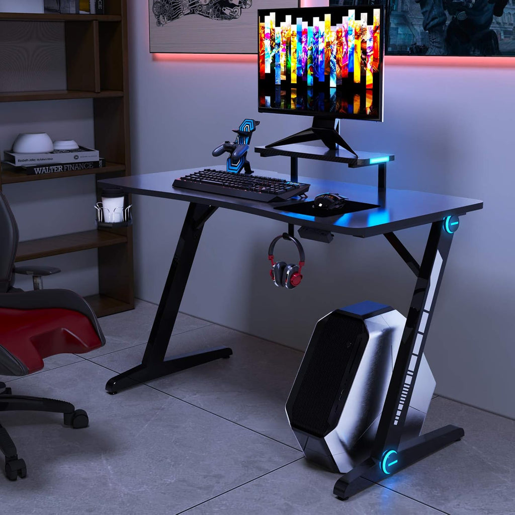 Z-Shaped Gaming Desk with Monitor Stand & Carbon Fiber Surface D1306