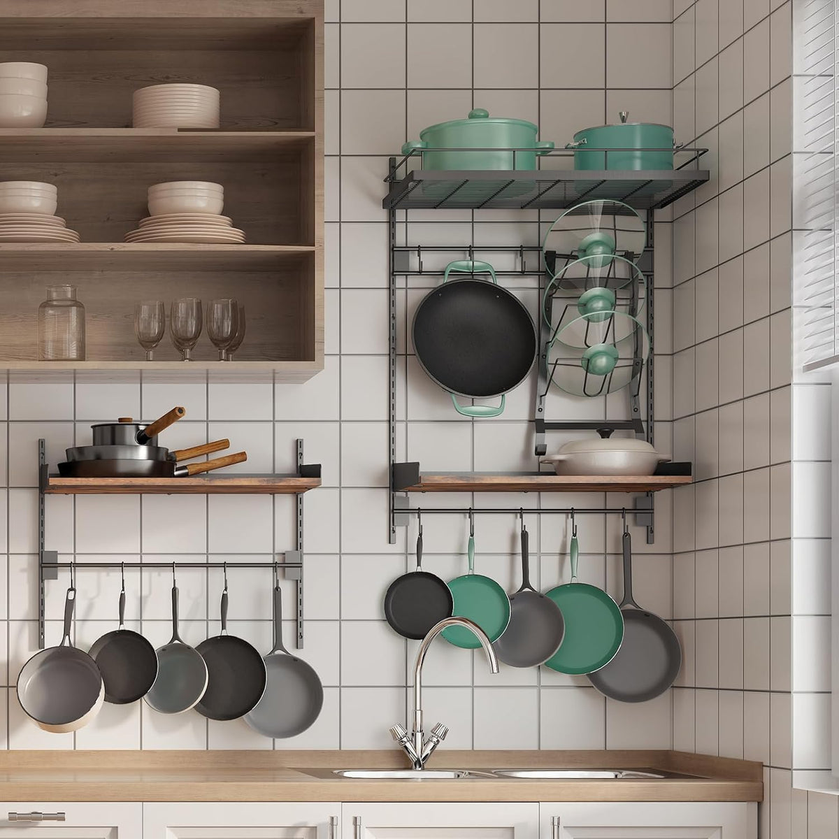 2 Pack Wall Mounted 2 Tier Pot Rack with 8 Hooks K863