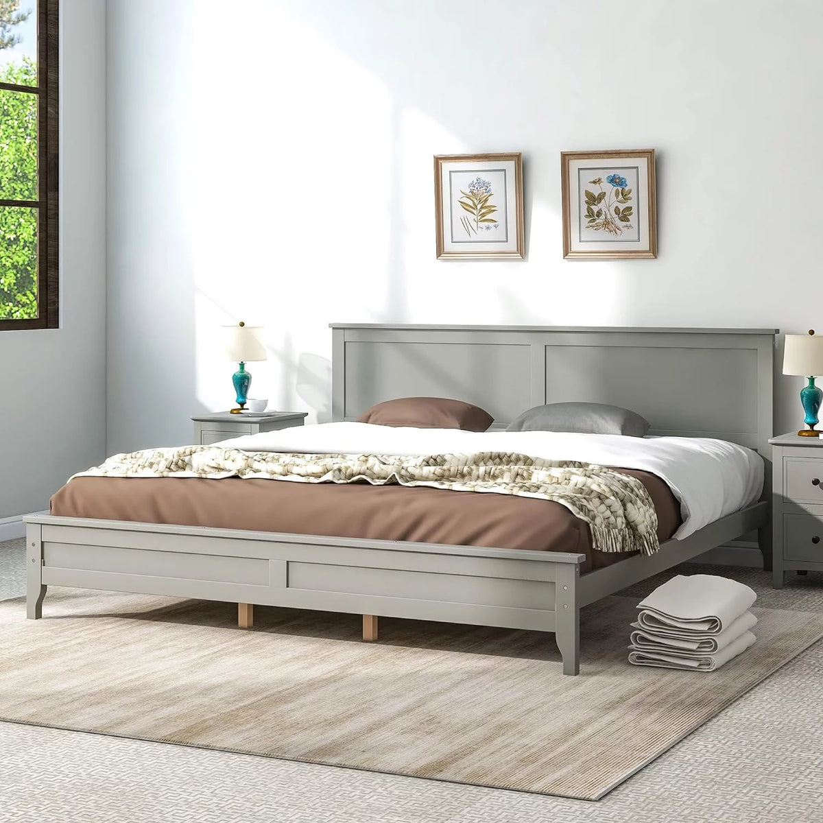 Pine King Size Solid Wood Platform Bed Frame with Headboard M44250