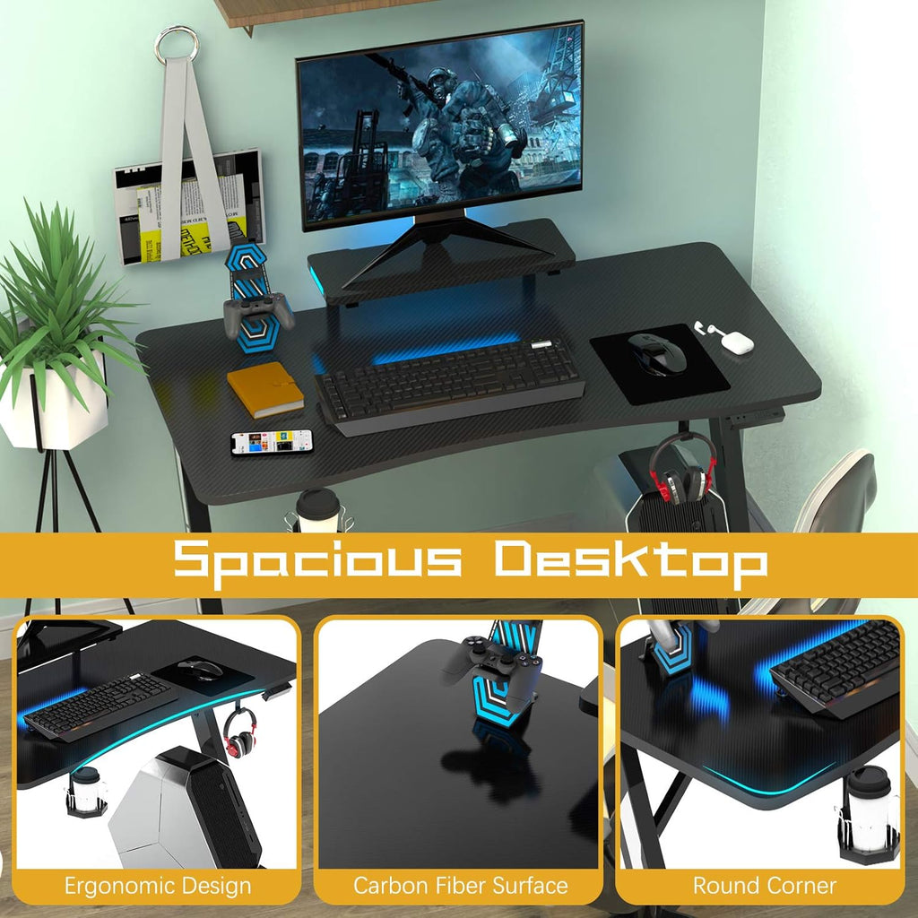 Z-Shaped Gaming Desk with Monitor Stand & Carbon Fiber Surface D1306